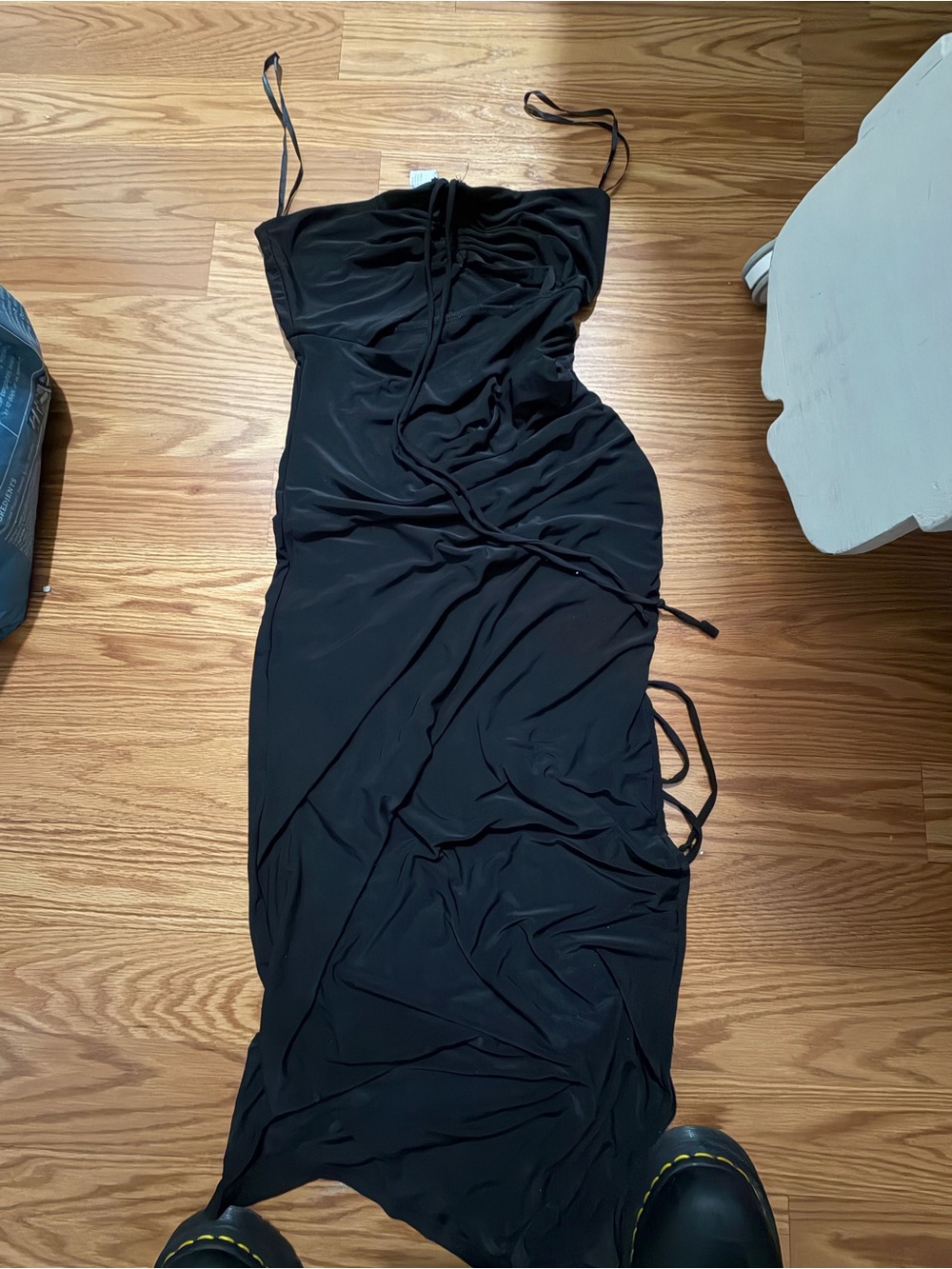 Forever 21 Black Ruched Maxi Slip Dress with Halter Straps, Keyhole, & Leg Slit